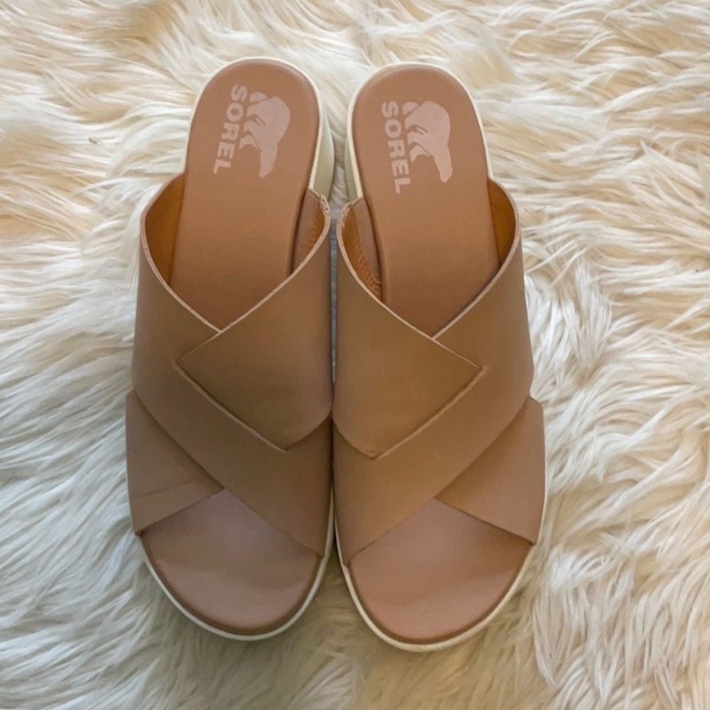 Sorel Women’s Cameron Slip On Leather Flatform Crisscross Mule Sandal Size 9.5